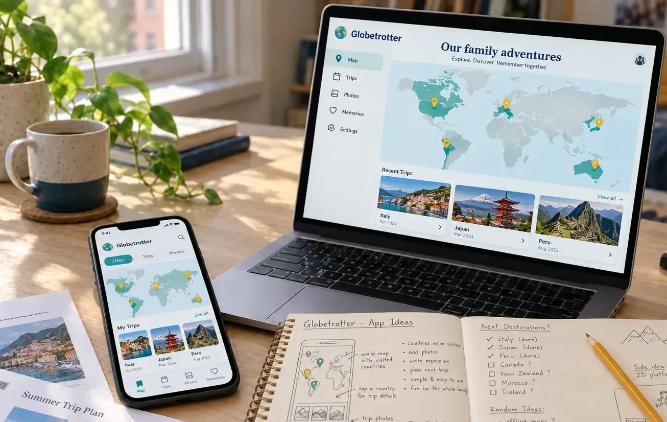 Illustrative recreation of the Globetrotter travel app on a laptop and phone