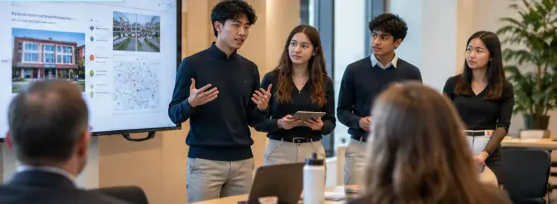 Illustrative image of a high school consulting team presenting recommendations to adult clients