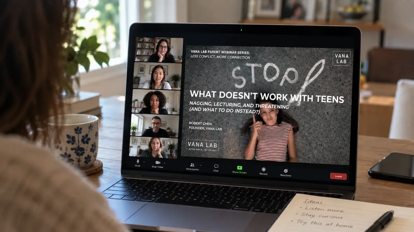 Parent attending a live Vana Lab parent webinar from home