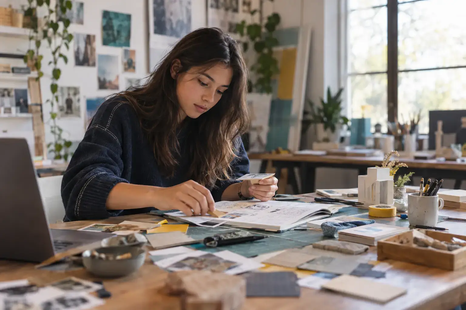 Teen arranging sketches and project materials at a worktable.