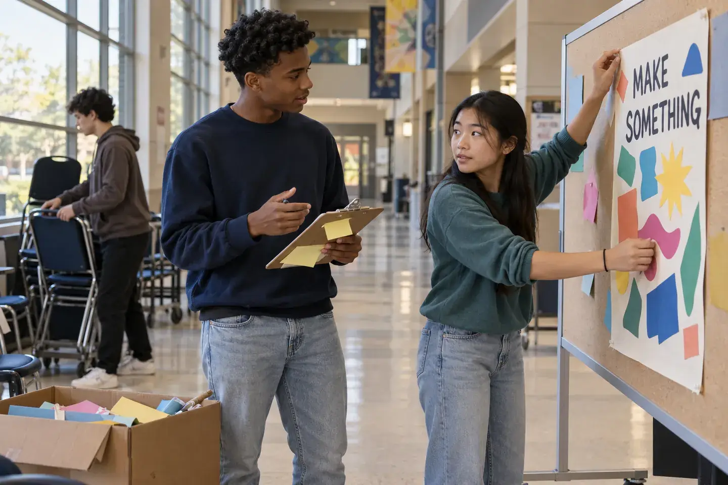 Illustrative scene of teens coordinating setup for a student-led event