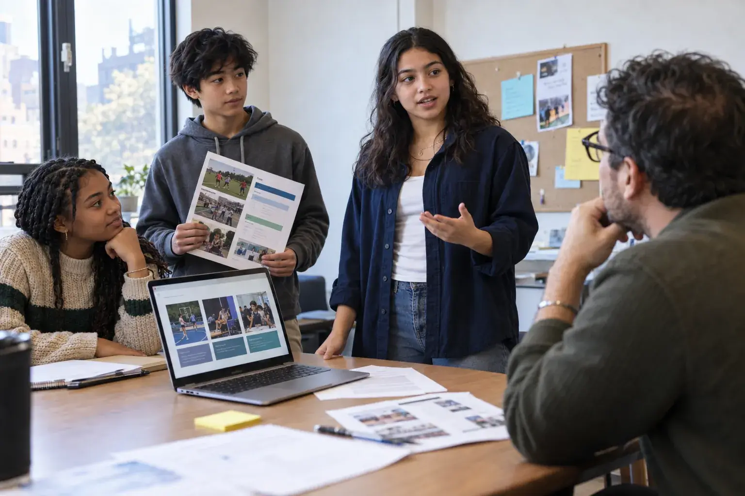 Illustrative scene of teens presenting a proposal to an adult listener