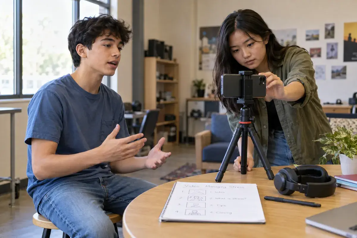 Illustrative scene of two teens recording an instructional video