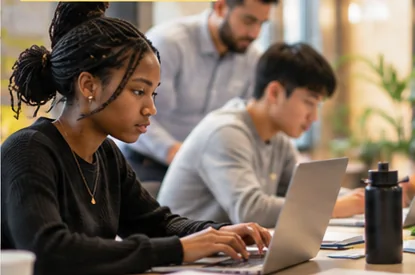Illustrative image of high school interns working together in a professional setting