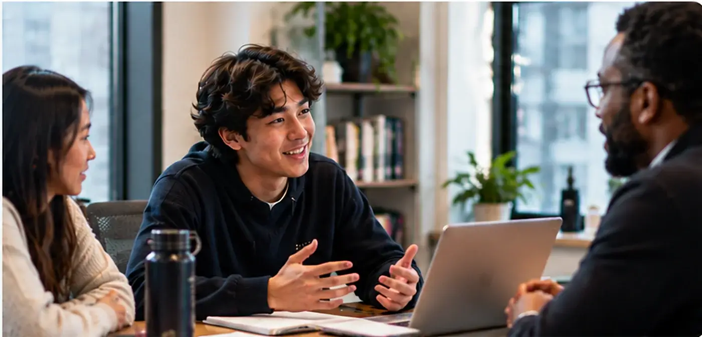 Teen discussing a project with an adult client and peer