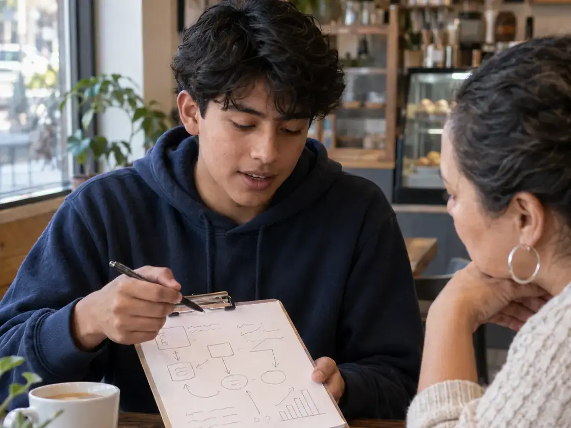 Teen sharing a process diagram and gathering feedback from a local client.