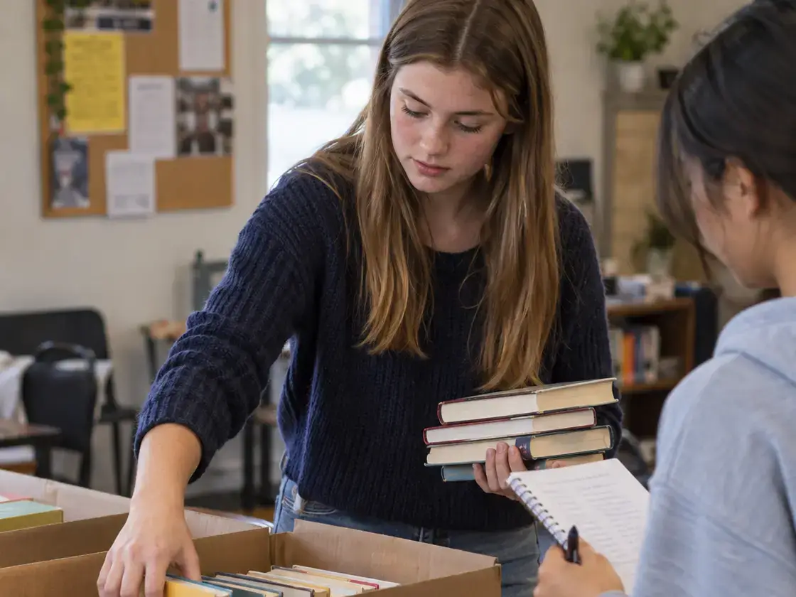 Teens organizing donated books and tracking inventory for a community project.