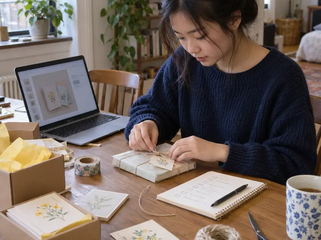 Teen packaging a handmade stationery order while managing her small business.